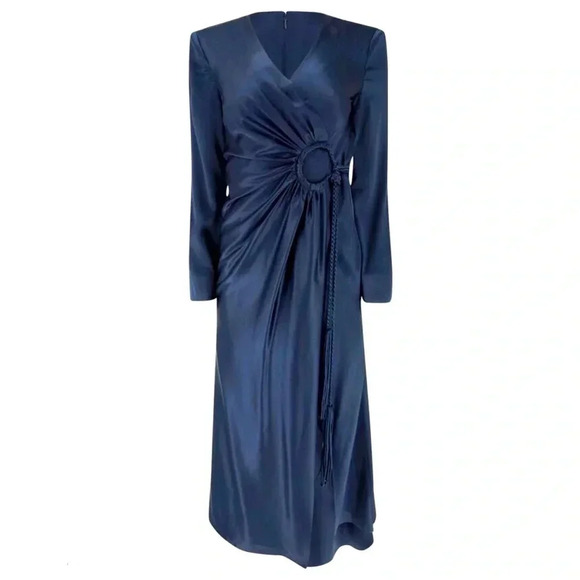 NWT-CINQ A SEPT SERENA SILK NAVY WRAP STYLE MIDI DRESS-Size 0 - Picture 1 of 6